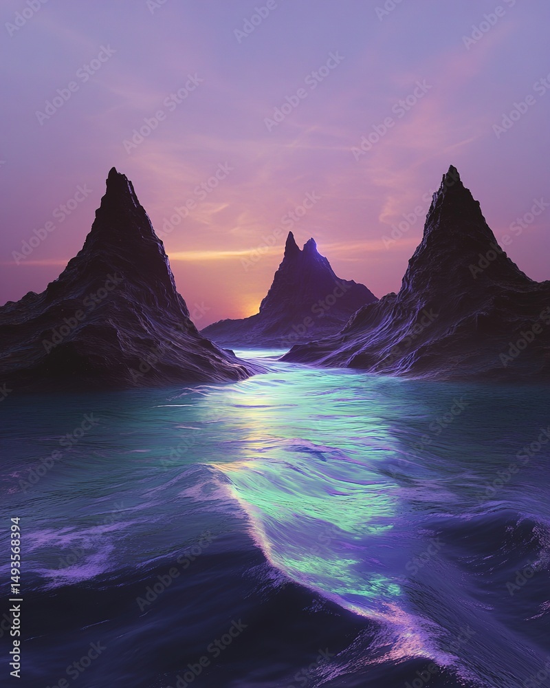 Fototapeta premium Surreal mesas suspended over a radiant amethyst and lime ocean