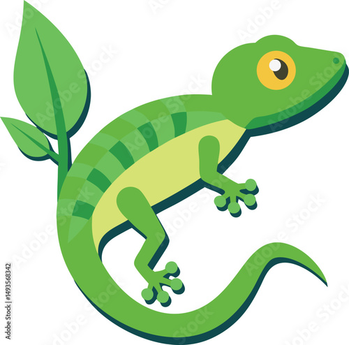 Vector illustration of a playful green gecko adorned with plantlike elements on white background