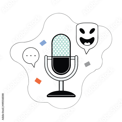Vector illustration of a podcast microphone with speech bubbles and a theatrical mask