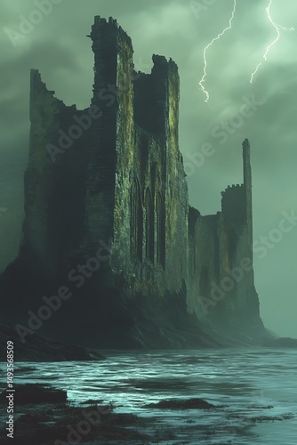 Ruined coastal fortress under stormy sky