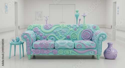Vibrant Surrealist Sofa in Minimalist Hospital Waiting Room Radiating Calm Against Cool Pastel Painted Background