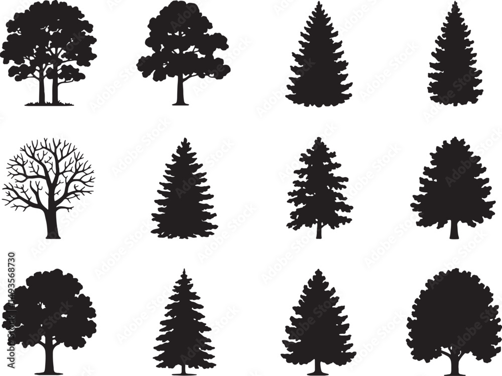 Fototapeta premium Twelve black silhouettes of various trees