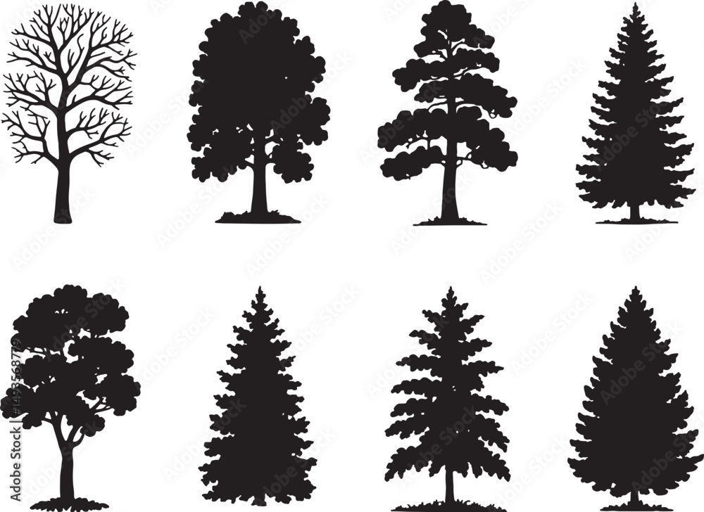 Fototapeta premium Eight black silhouettes of various trees