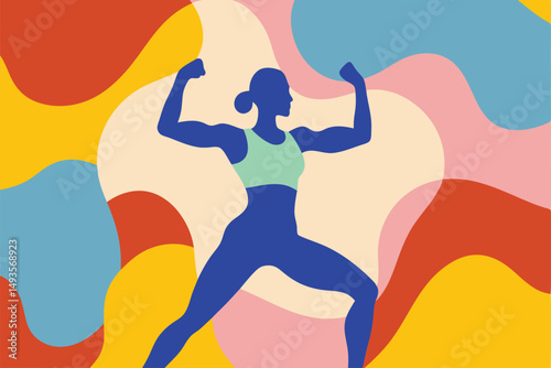 Vibrant illustration of a fit woman with abstract colorful background in modern flat design