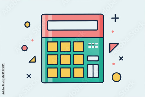 Colorful vector illustration of a calculator with geometric shapes in a modern design style against a light background