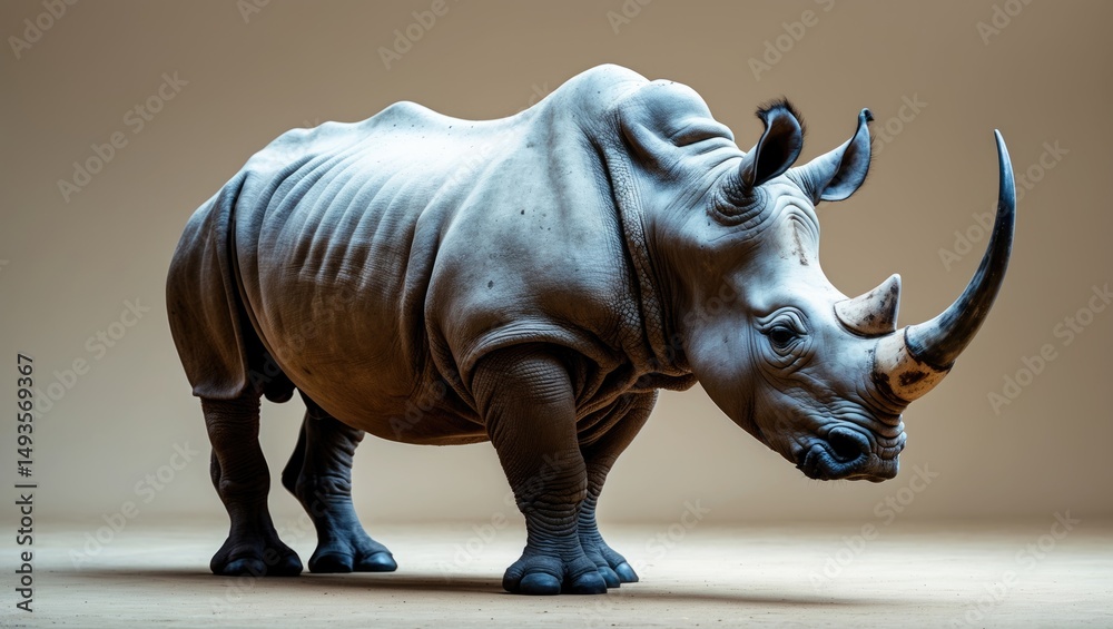 Fototapeta premium Large white Rhino portrait against a white backdrop taken on a safari