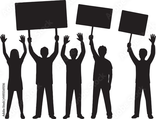 Silhouettes of protesters holding signs high