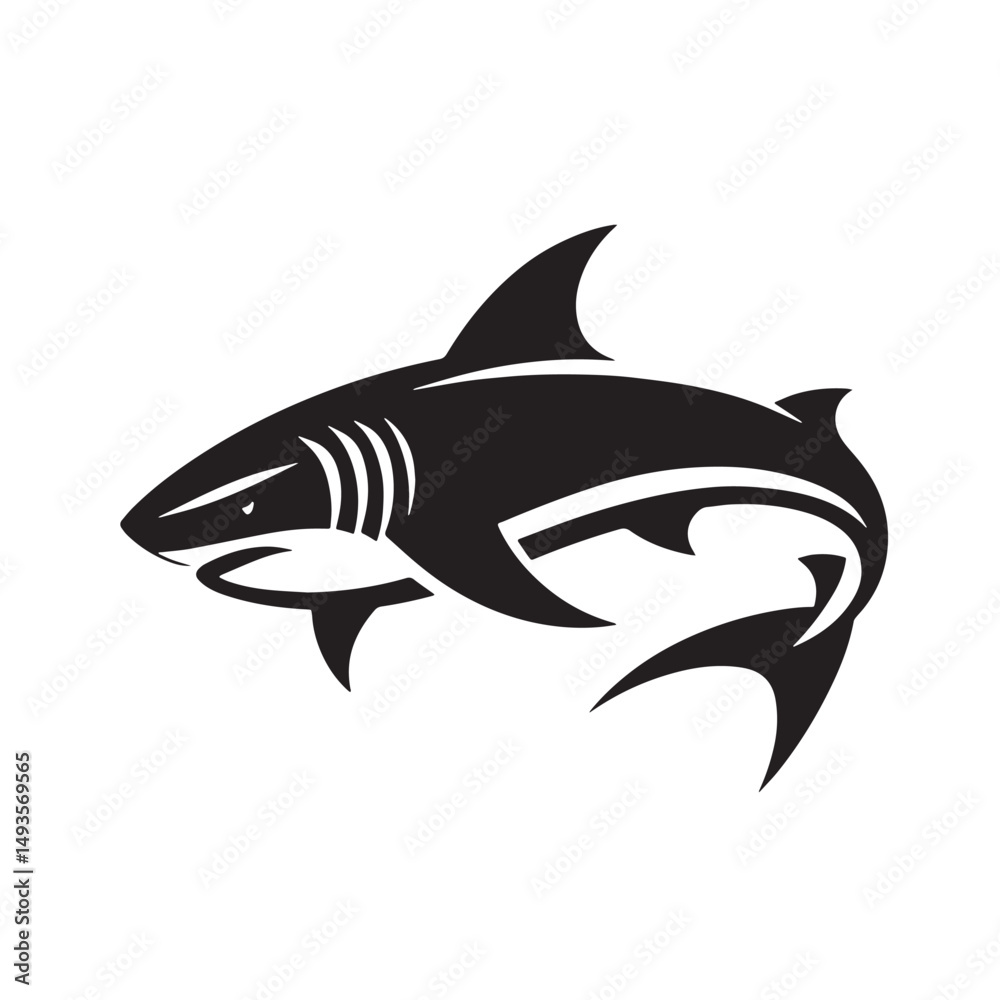 Fototapeta premium Black Color Shark Silhouette Vector Illustration, Solid White Background. minimal vector design