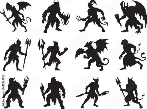 Twelve fantasy monster silhouettes black and white