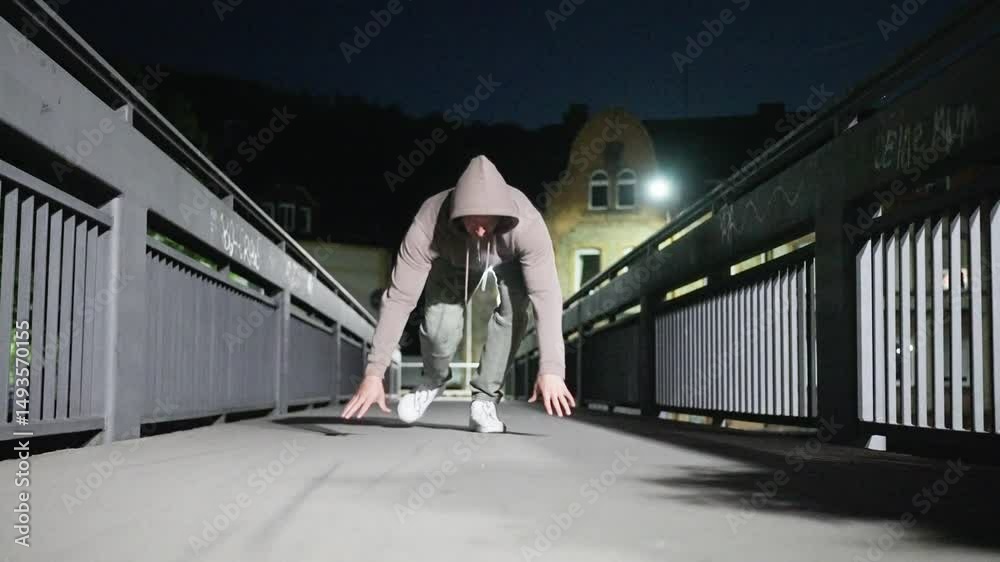 Man performs push-ups on a dimly lit bridge during nighttime, showcasing fitness and determination. Push-ups on a dimly lit bridge during nighttime, showcasing fitness and determination