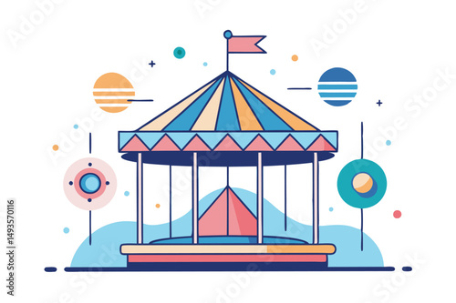 Colorful vector illustration of a whimsical carousel with a striped canopy, set against a dreamy background of celestial planets and soft clouds