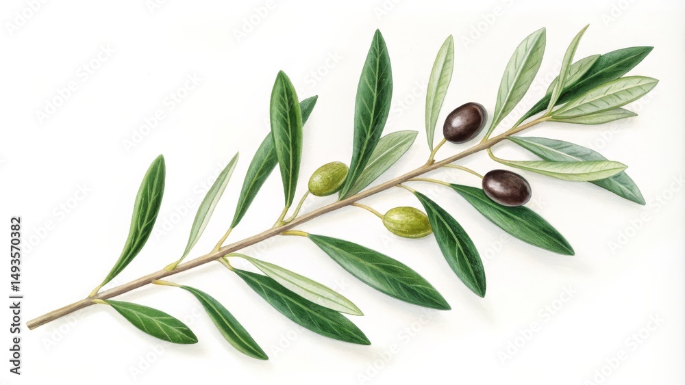 Obraz premium Olive Branch with Green and Black Olives, Watercolor Painting , Botany
