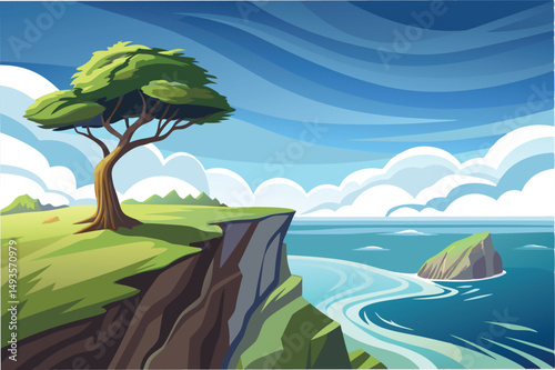 Scenic view of a cliff overlooking the ocean with lush green tree under a bright blue sky and fluffy clouds