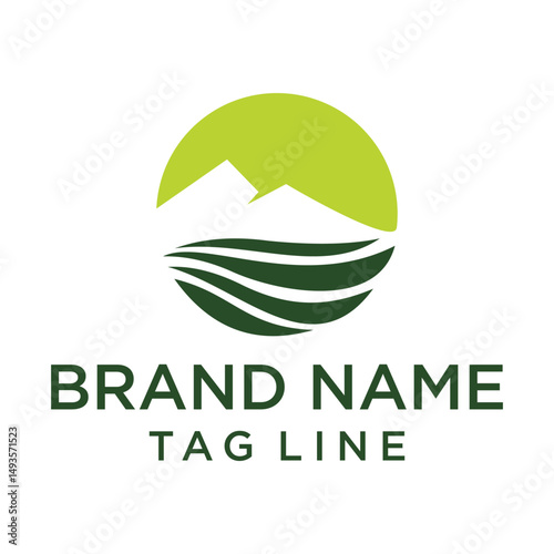 Green nature-inspired logo showing a mountain and field landscape inside a circle. Perfect for organic, farm, eco, or outdoor-related branding.
