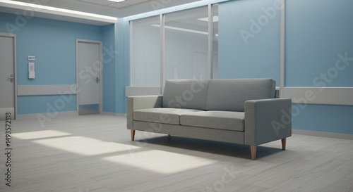 Minimalist Hospital Waiting Area With Calming Grey Sofa And Blue Walls Creating Peaceful Atmosphere Ideal For Decoration