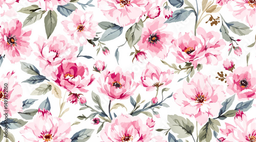 Watercolor seamless pattern featuring hand painted pink flowers including peony