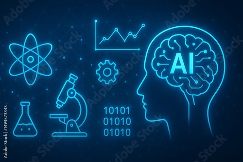 Blue ai brain with science icons including atom microscope and binary code art
