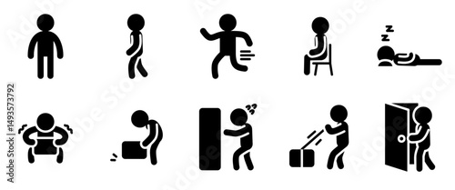 Human Action Icons. Outline Glyph Vector Set of Walking, Sitting, Running, Lifting, and More