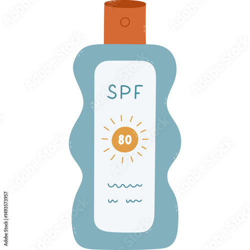Lovely cartoon sunblock spray with SPF 80. Cute hand drawn clipart of sun protection lotion against sunburn. Summertime and vacation protective cosmetic isolated on white background.