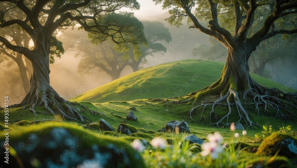 Fototapeta premium Hill Featuring Trees and Fairytale-Inspired Elements