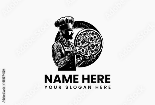 Classic pizzeria vector emblem featuring chef in toque and apron presenting topped pizza. Italian restaurant identity  