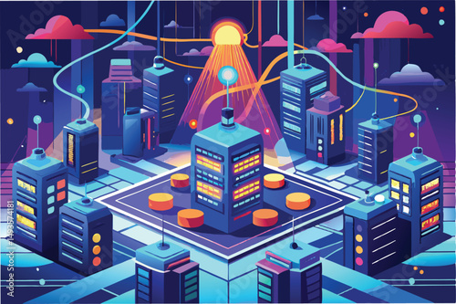 Vibrant vector illustration of a futuristic cityscape at sunset featuring modern buildings, technology elements, and a captivating play of light and shadows