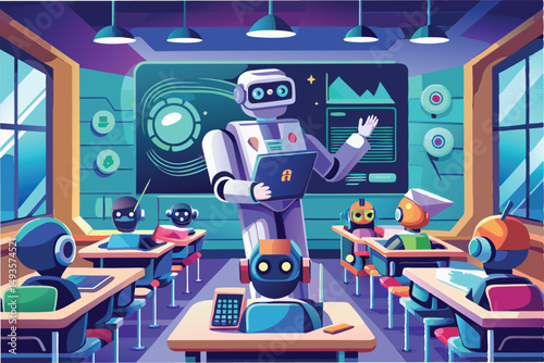 Robots participating in an interactive learning session in a futuristic classroom environment with a digital display and advanced technology