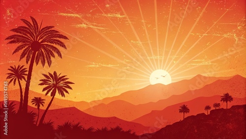 Retro Sunset Palm Trees and...