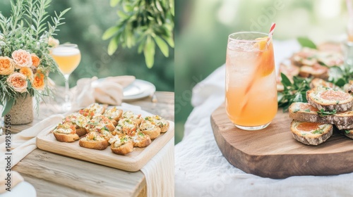 Eco-styled picnic concept with gourmet snack and cocktail pairing in a soft, natural environment.
