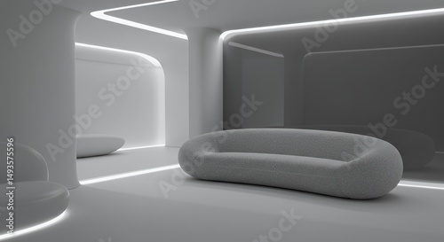 Monochrome Futuristic Sofa Integrated in Sleek Interior for Technological Harmony and Serene Design