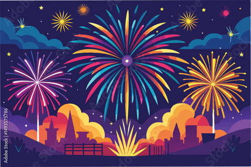 Colorful fireworks illuminate the night sky over a city skyline, celebrating a festive occasion with vibrant bursts and sparkling stars