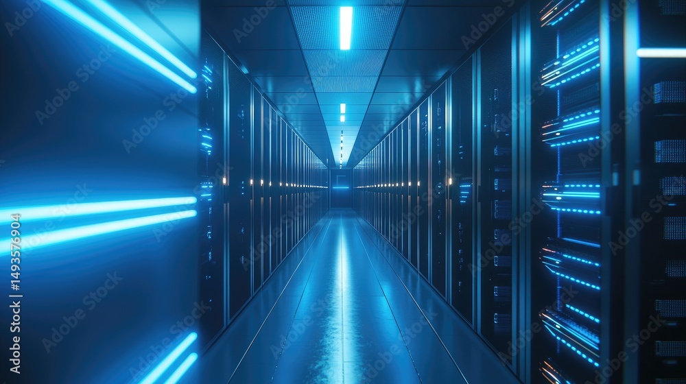 Fototapeta premium Futuristic server room with glowing blue lighting and advanced computing racks, ideal for cloud platforms, digital transformation, and secure data infrastructure presentations