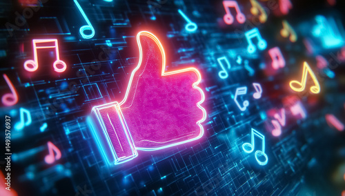 Glowing Neon Thumbs-Up with Digital Music Vibes
