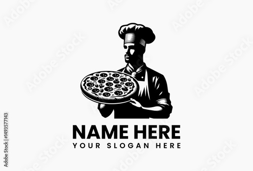 Stylized black chef logo with tall hat holding generously topped pizza vector illustration. Artisan pizzeria branding  
