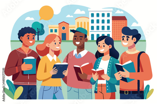 Group of diverse students engaging in discussion while holding books in a bright outdoor setting near buildings in a park setting during a sunny day