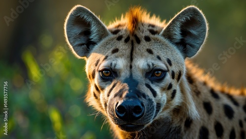 Portrait of a spotted hyena with blurred greenery in the background