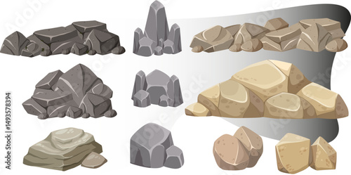 Set of natural stone boulders in various shapes and earthy colors for landscape and design projects