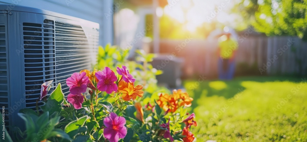 Fototapeta premium Summer Day AC Unit and Vibrant Flowers