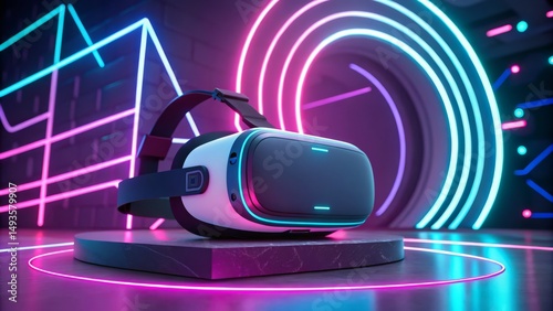VR Headset on Neon Stage, G...