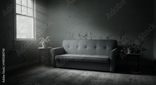 Dilapidated Room with Grey Sofa and Window in Monochrome Palette