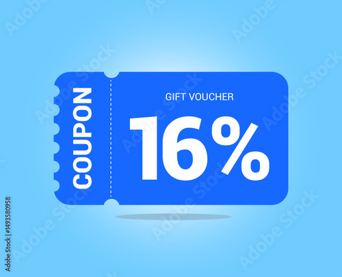 16% coupon promotion sale. Sixteen percent Vector Gift Voucher. Blue discount, lucky ticket, special offer promo. Web, shopping label, percent sign. Special price offers.
