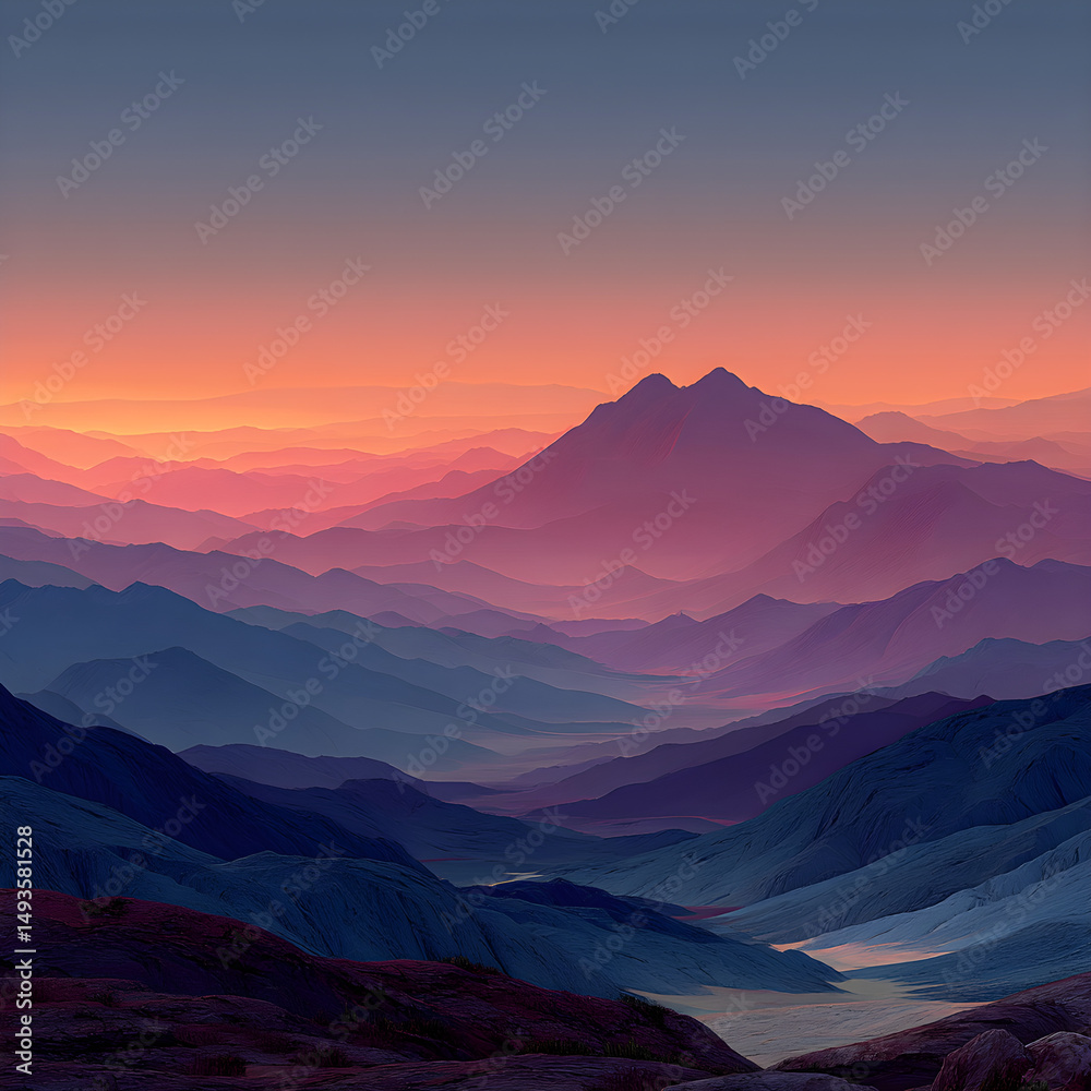 Obraz premium Abstract landscape with stylized mountains, flat colors in purples and pinks, evoking a surreal dusk