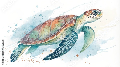 Watercolor Sea Turtle Ocean...