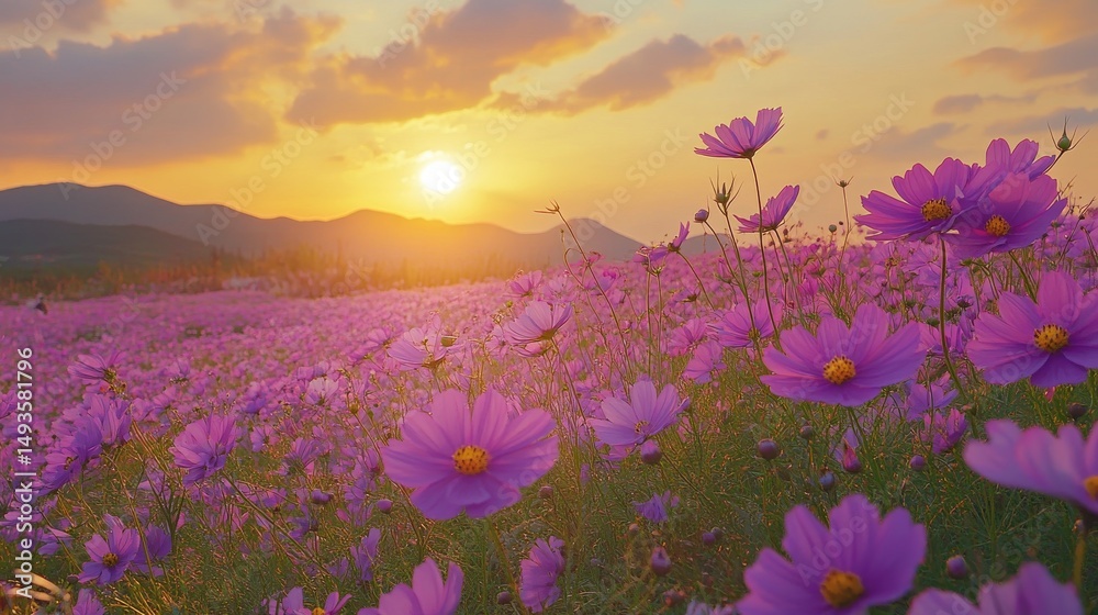 Fototapeta premium A pretty flower scene with lots of colors. A lovely wide view of blooming flowers in France at sunset. The field of purple flowers in Provence, France looks amazing in the summer. 