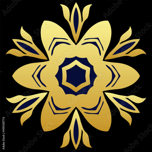 Golden art template, mandala stencil suitable for laser cutting metal, wood carving, coloring, stained glass. Isolated. Patterns and ornaments of the East, Asia, India, Mexico, Aztec, Peru.