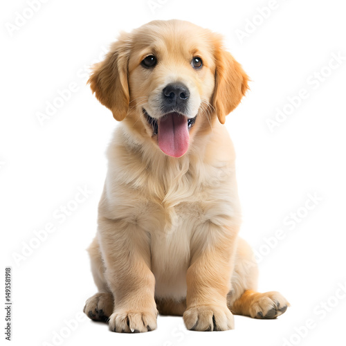 A happy golden retriever puppy sits attentively with its tongue