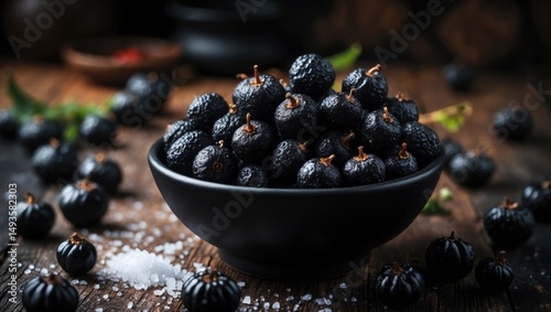 Black ceramic bowl with black salted fermenter pepper placed on a dark wooden table