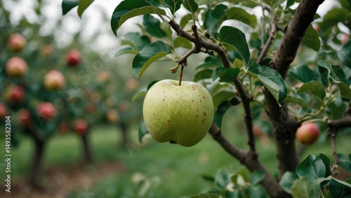 Detailed image of ailing apple tree with undeveloped fruit.