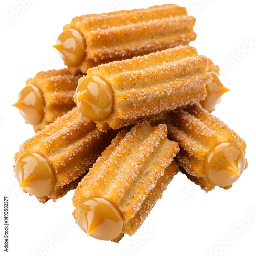 Mini churros filled with dulce de leche, sprinkled with sugar and cinnamon, isolated photo
