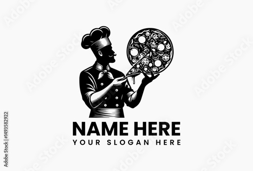 Minimalist chef silhouette wearing toque and apron holding loaded pizza in vector logo. Pizza restaurant concept  
